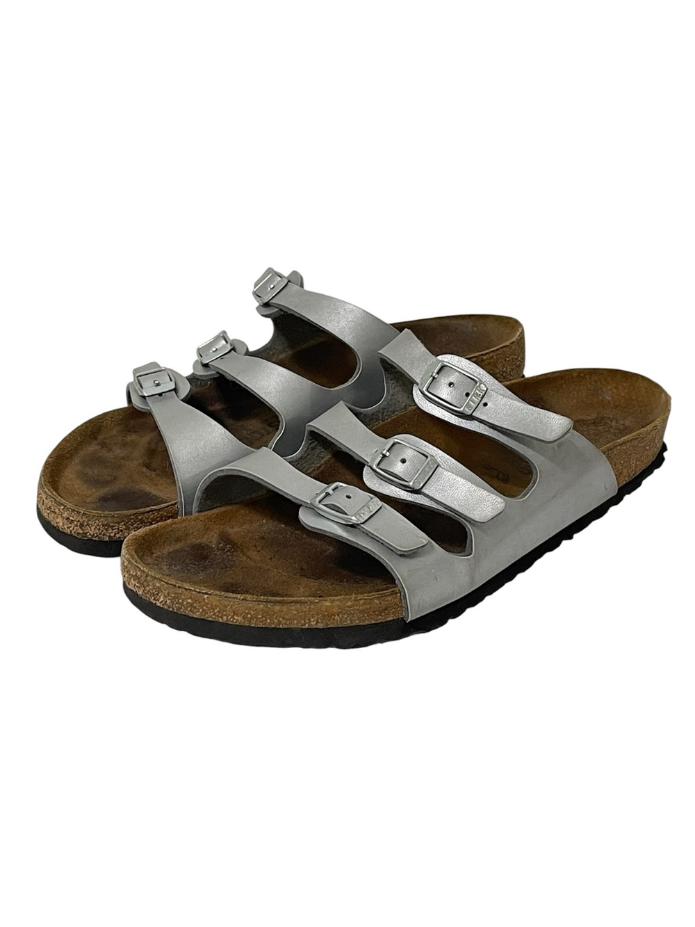 Birkenstock Florida Strappy Slide On Sandals Silver Metallic Suede Footbed Sz 40